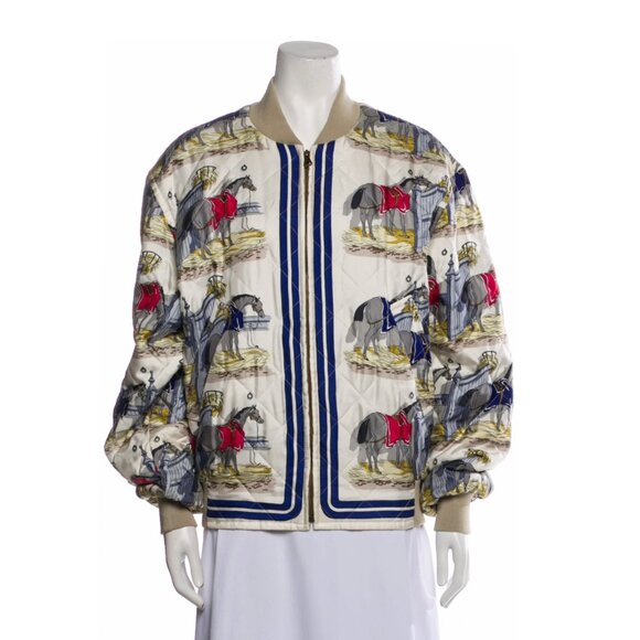 Hermes Vintage Ecuries Horse Silk Bomber Jacket White Blue 52